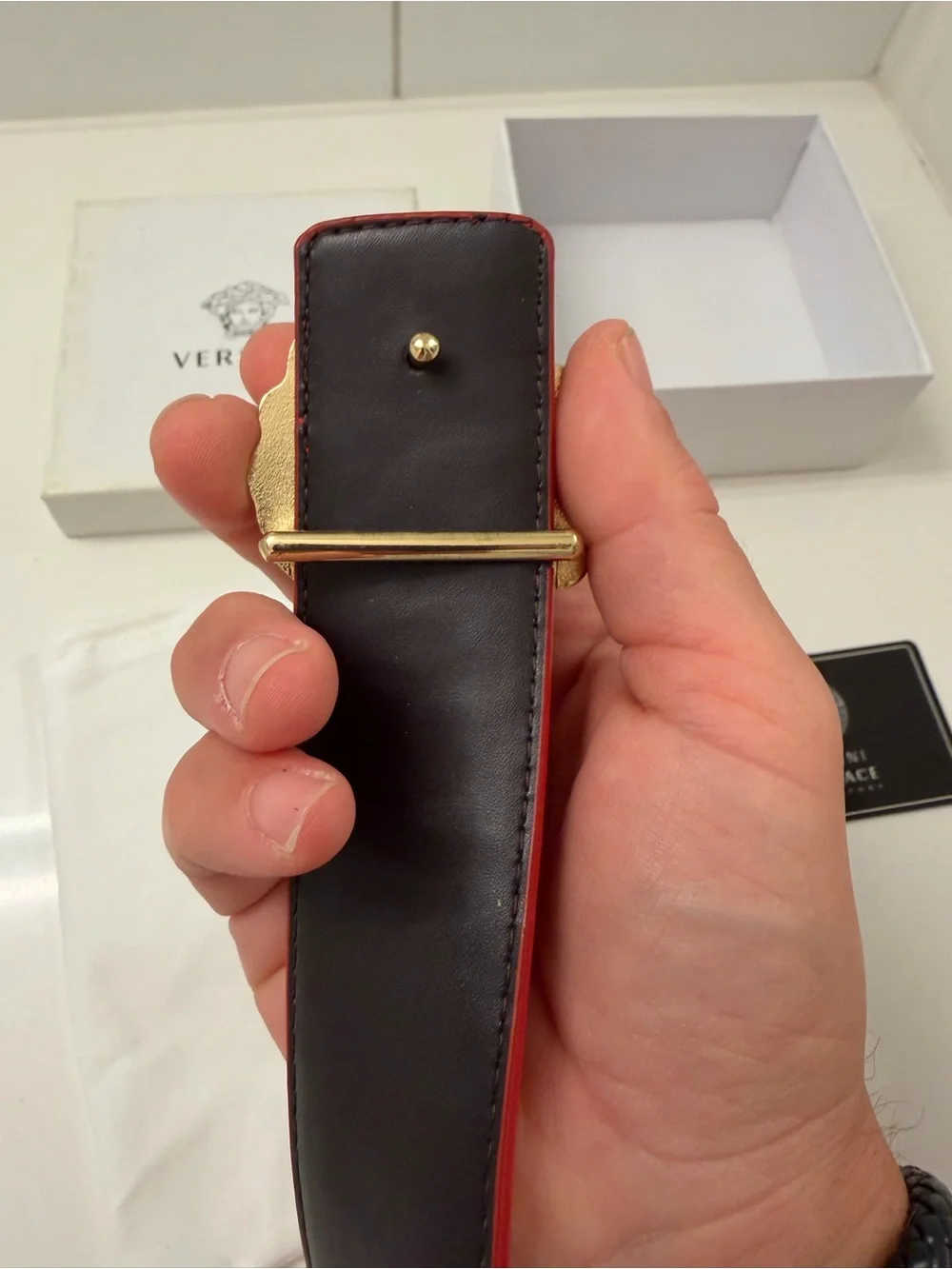 Versace Reversible Medusa Head Belt – Red/Black Leather